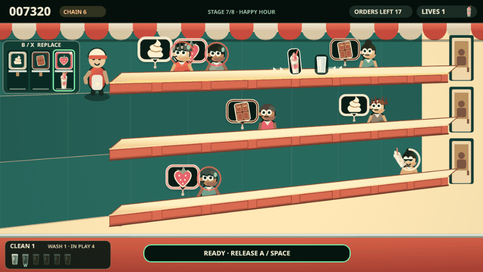 Maltline gameplay: a bartender carries a strawberry shake past three numbered service lanes while customers hold up order bubbles and jars return on the belt.