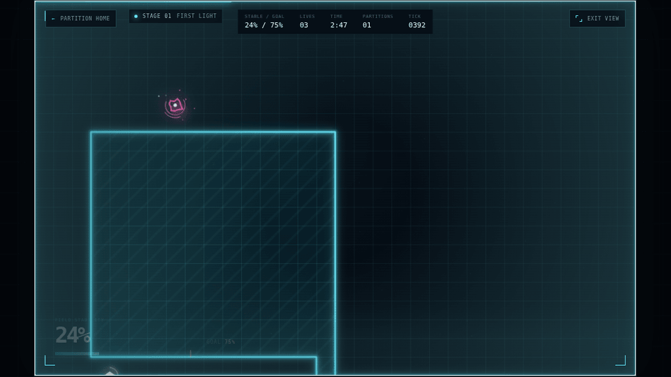 Partition gameplay: a cyan hatched region has claimed the lower-left of a dark grid playfield while a pink anomaly drifts above the claim.