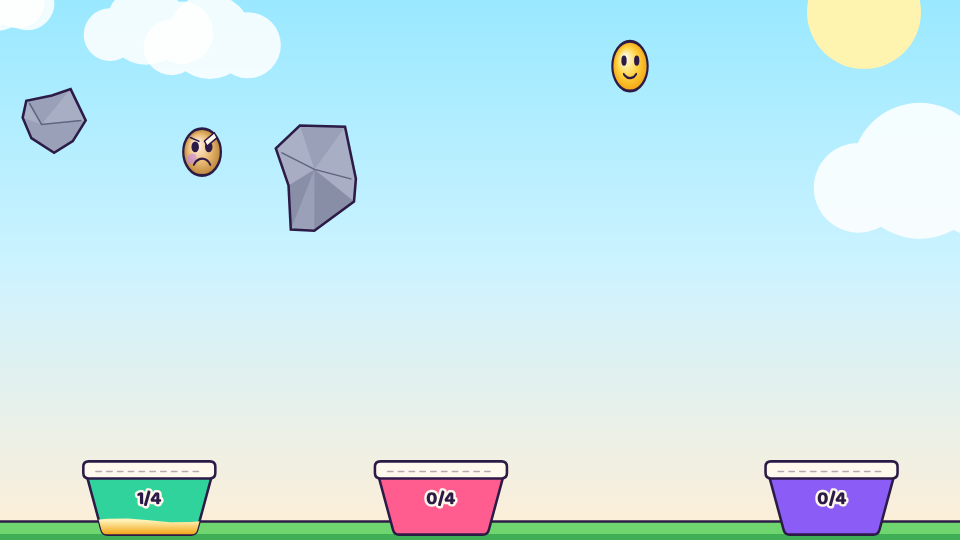 Smilefall gameplay: bright yellow smiles tumble past rocky hazards toward colorful buckets below.